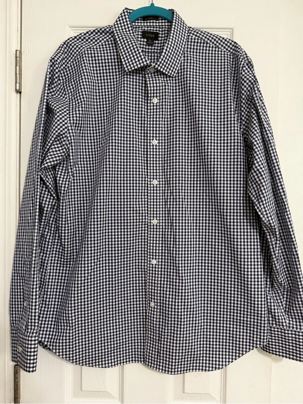 J‎ crew button down blue white checkered slim fit button down shirt  XL classic